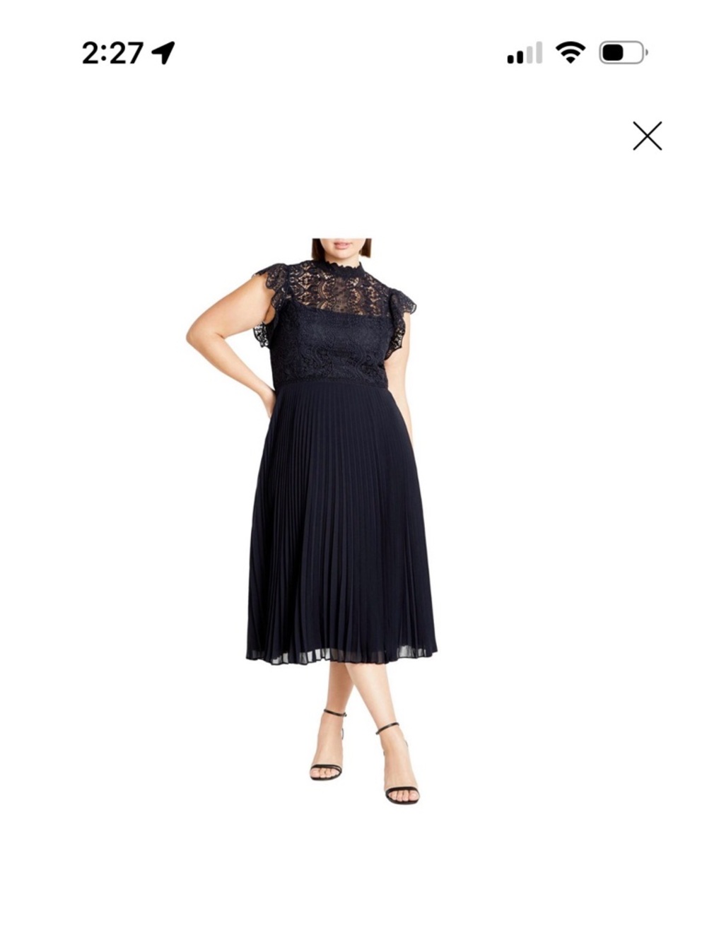City Chic dark navy Lace Bodice Pleated Midi Dress with Flutter Sleeves